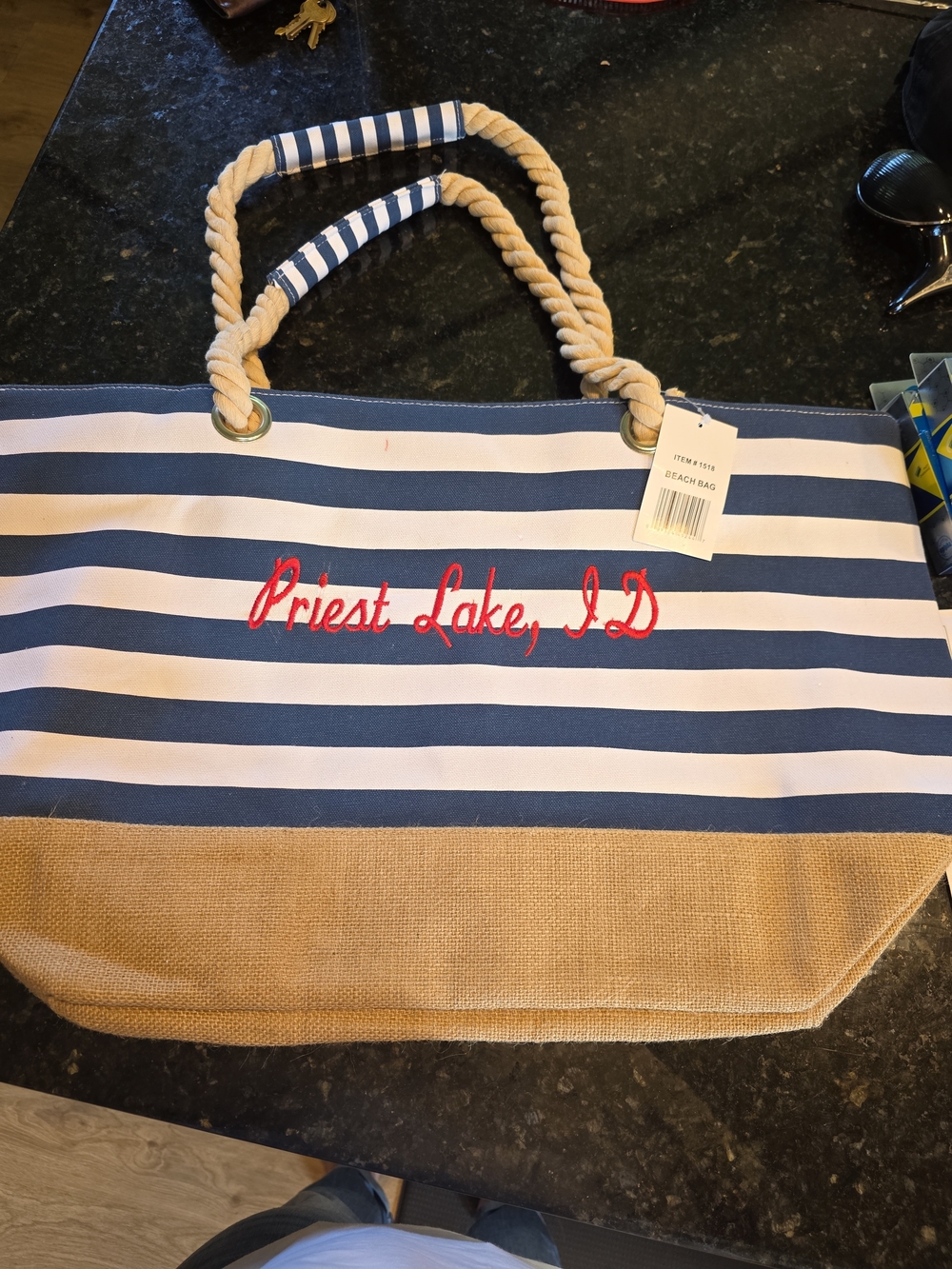 Source Unknown Navy & White Striped Tote with Red Script